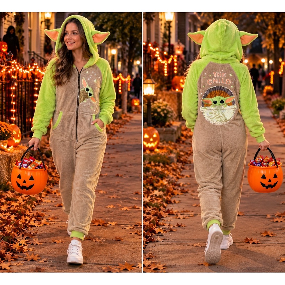 Star Wars The Child Grogu Hooded Fleece Union Suit Unisex Tan Green Costume